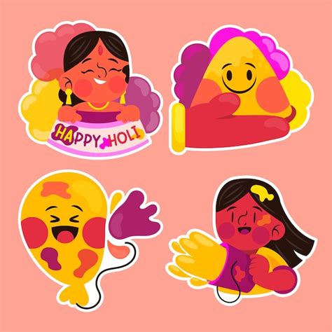 Free Vector Childlike Holi Festival Stickers Collection