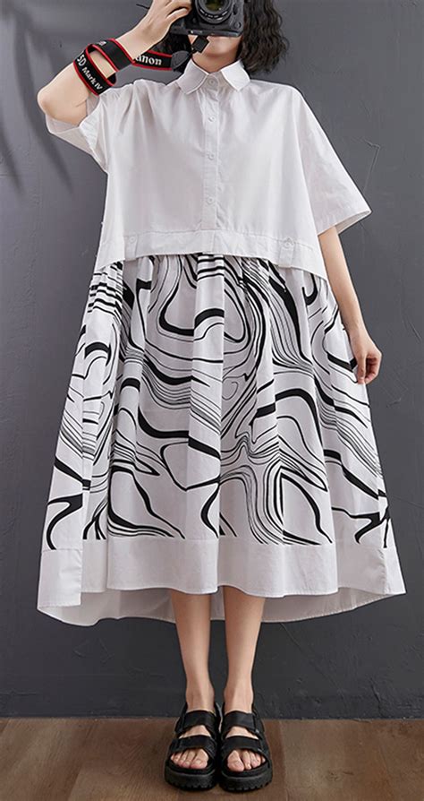 Natural White Print Patchwork Button Mid Dress Summer In 2021 Summer Dresses Cotton Dress