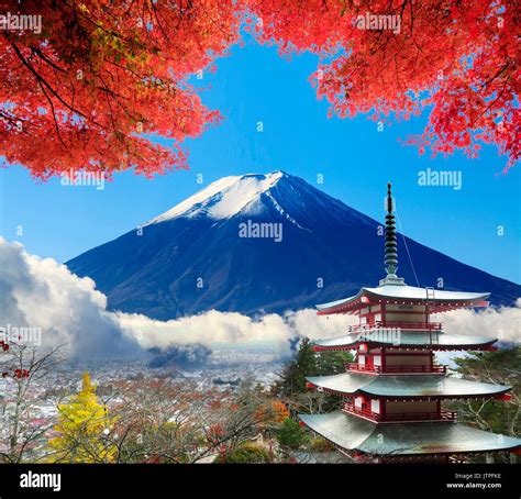 The Imaging Of Mt Fuji Autumn With Red Maple Leaves Japan Stock Photo