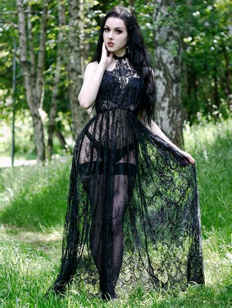 Eva Lady Black Romantic Sexy Gothic Lace Long Sheer Dress Long Sheer Dress