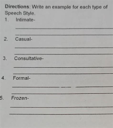 Write An Example For Each Type Of Speech Style Timate 2casual 3consultative 4formal