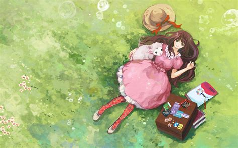 Anime Girl On Grass X Wallpaper Teahub Io