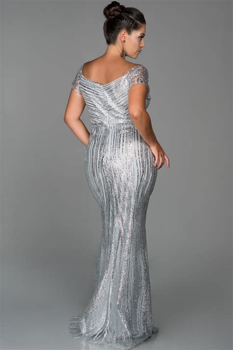 Long Silver Plus Size Evening Dress Abu096