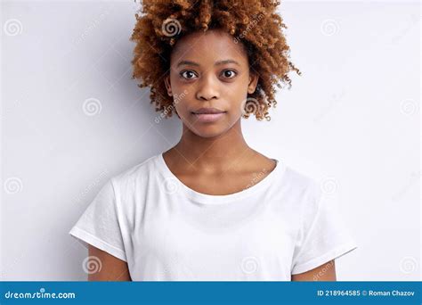 confident calm afro woman with curly short hair look at camera stock image image of model