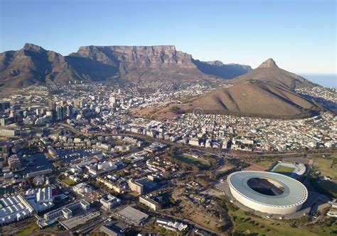Aerial View Over Cape Town Cape Town Stadium And Table Mountain Stock