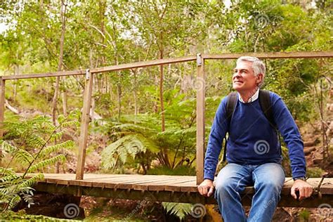 Senior Man Sitting Alone On A Wooden Bridge In A Forest Stock Photo