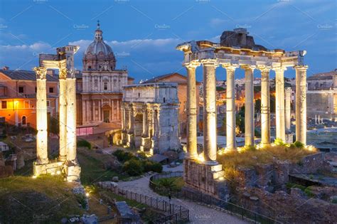 Ancient ruins of roman forum at night rome italy stock photo containing ...