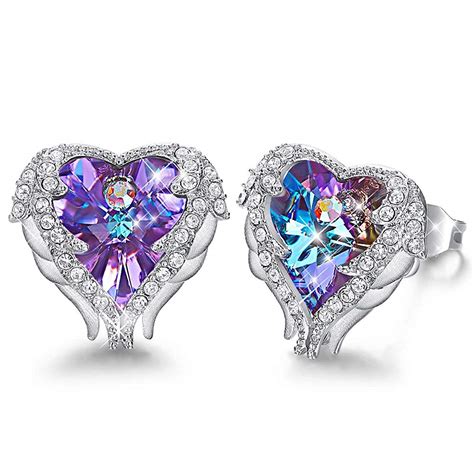 Purple Heart And Wing Earrings With Swarovski Crystal 24 Style