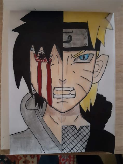 Half Naruto And Sasuke Drawing