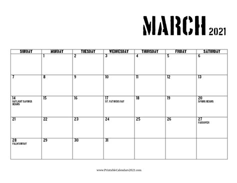 2021 Calendar Printable Free Pdf March Calendar Template Printable