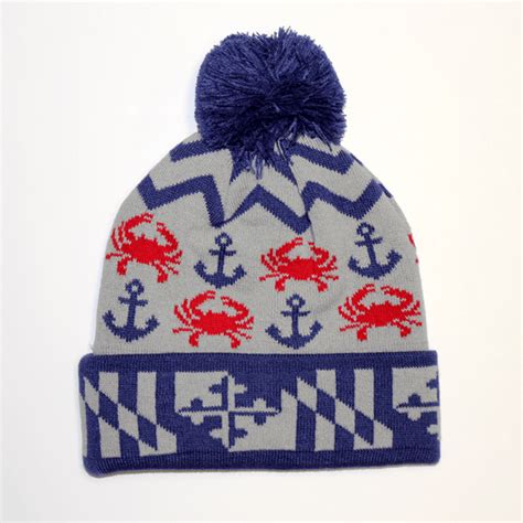Chevron Crab And Anchor Design Grey W Blue Pom Knit Beanie Cap