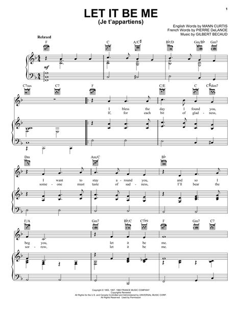 Let It Be Me Je Tappartiens Sheet Music Elvis Presley Piano