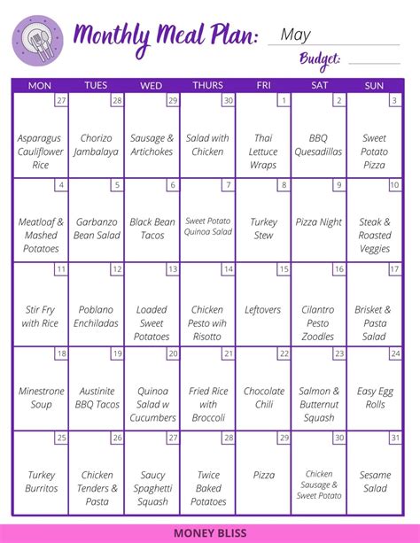 Meal Planning Calendar Namesmilo