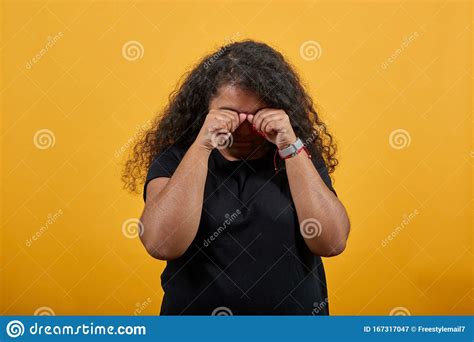 Sad Afro American Young Woman With Overweight Keeping Fist On Eyes Crying Stock Image Image