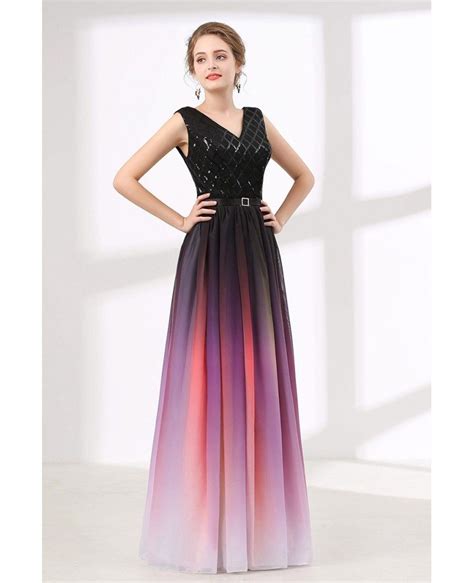 Ombre Flowy Chiffon Prom Dress Long With Shiny Sequin Bodice Ch6614