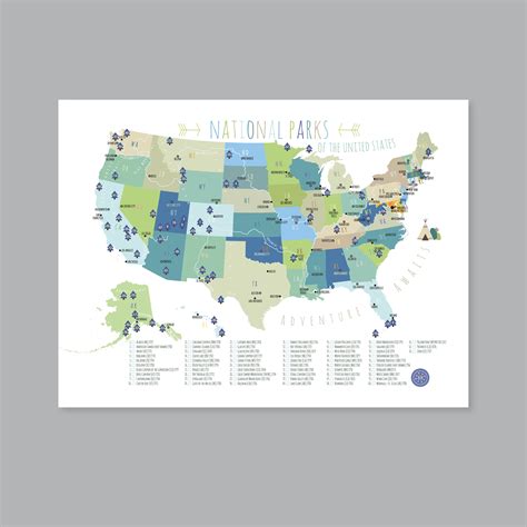 Us National Parks Map Printable Adventure Awaits Us Etsy