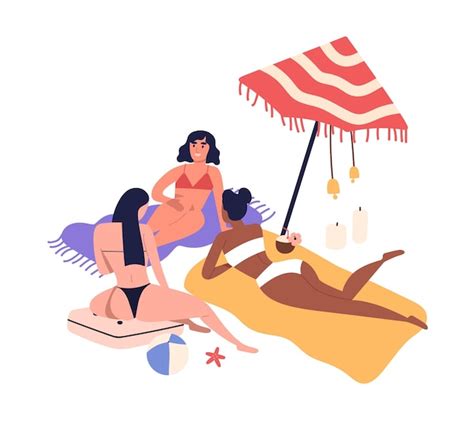 Amigos De Las Mujeres De Dibujos Animados Tomando El Sol En La Playa En
