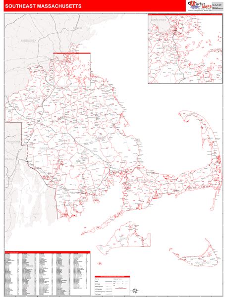 Massachusetts South Eastern Wall Map Red Line Style By Marketmaps