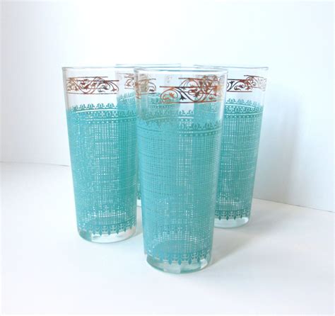 Vintage Drinking Glasses Mid Century Turquoise And Gold Set Etsy
