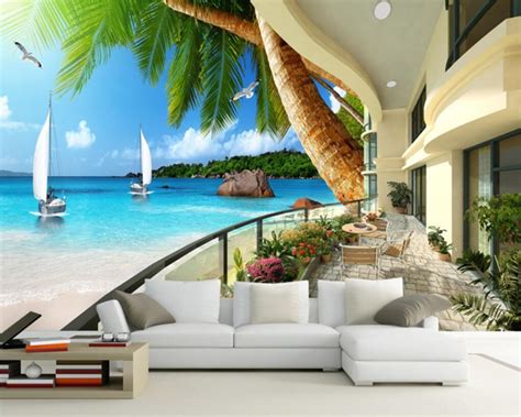 Beibehang Custom Wallpaper Hawaii Resort Balcony Seascape Coconut Tree Tv Backdrop Home Decor