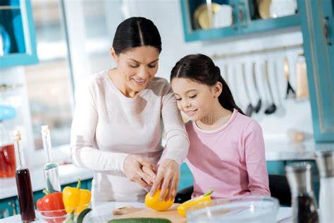 Happy Mother Teaching Her Young Daughter To Cook Stock Image Image Of