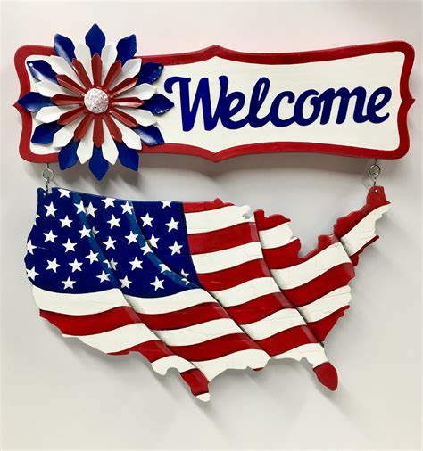 Wooden Patriotic Welcome Sign American Flag Hand Painted Etsy