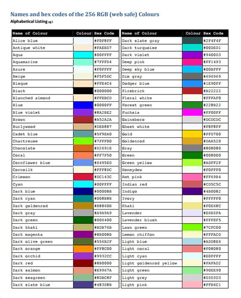 Here is a useful list of colors with color names and hex codes, so you can easily find and use them in your graphic design or web project. FREE 5+ Sample HTML Color Code Chart Templates in PDF