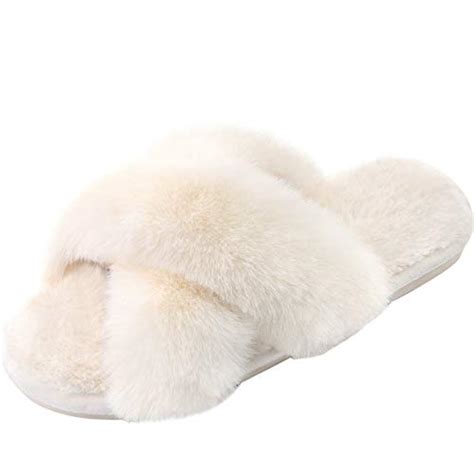 Womens Cross Band Slippers Fuzzy Soft House Slippers Plush Furry Warm