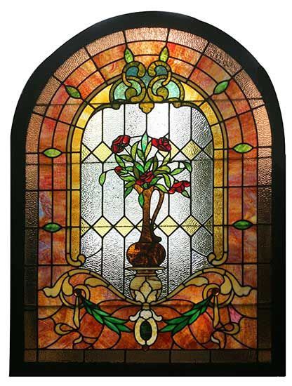Arch Top Stained Glass Window With Roses And Vase Stained Glass Stained Glass Windows