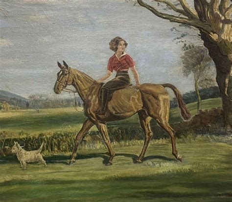 English Antique Young Lady On Horse With West Highland Terrier Dog In