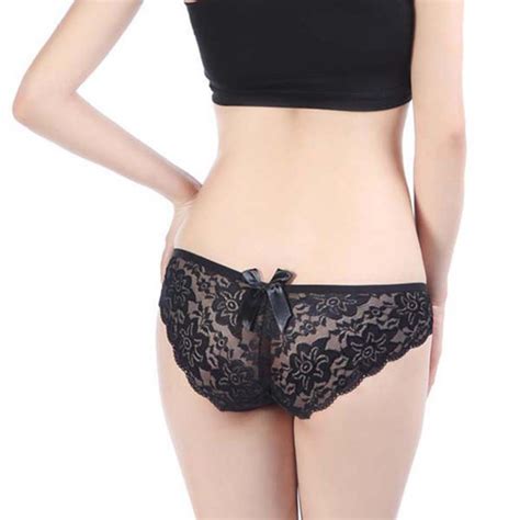 Sexy Low Waist Women See Through Panties Lace Floral Bow Knot Underwear