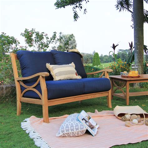 Abbington Solid Teak Wood Outdoor Loveseat With Navy Cushion