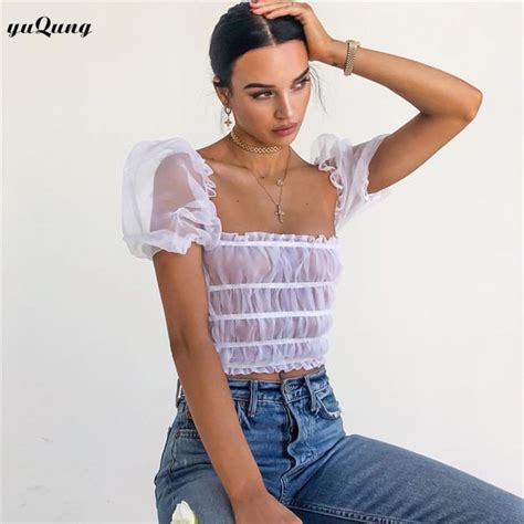 Yuqung Womens See Through Cropped Top T Shirts Tees Women Streetwear Puff Sleeve Crop Top