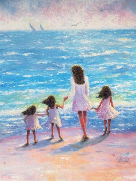 Madre Y Tres Hijas Beach Art Print Mamá Tres Niñas Hermanas Etsy