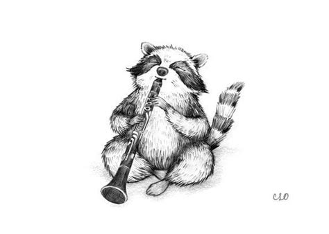 Raccoon Playing Clarinet 5 X 7 Print Raccoon Drawing Surreal Tattoo