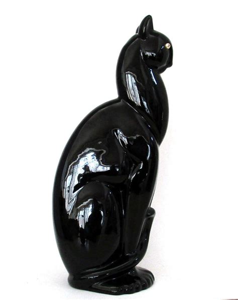 Large Black Cat Statue Mid Century Cat Figurine Winking Etsy