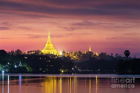 Shwedagon Pagoda At Sunset As Seen From Kandawgyi Lake Yangon