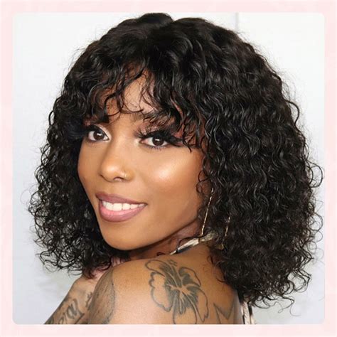 Curly Human Hair Lace Closure Wigs High Quality Pre Plucked Brazilian Remy Bob Wig With Bangs