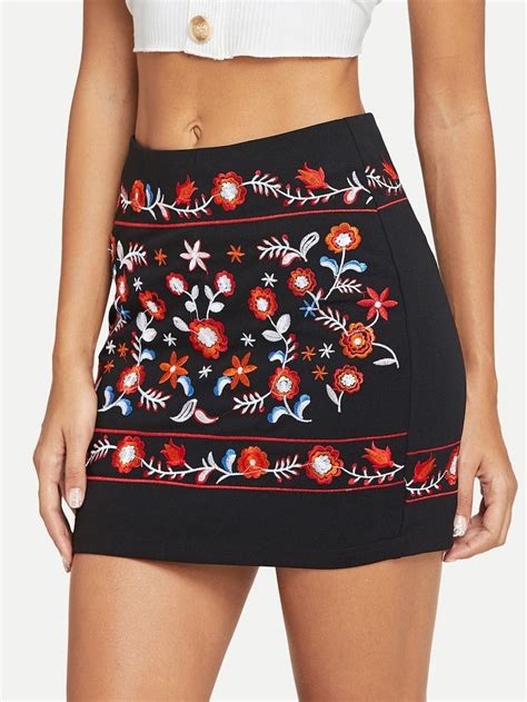 Floral Embroidered Bodycon Skirt Sheinsheinside Body Con Skirt