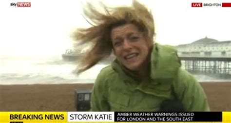 Windswept Sky News Reporter Joanna Simpson Battles Storm Katie As She