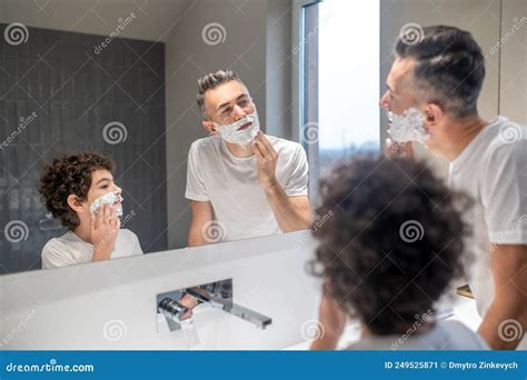 Dad And Son Having Mens Morning Procedures In The Bathroom Stock Image Image Of Shaving