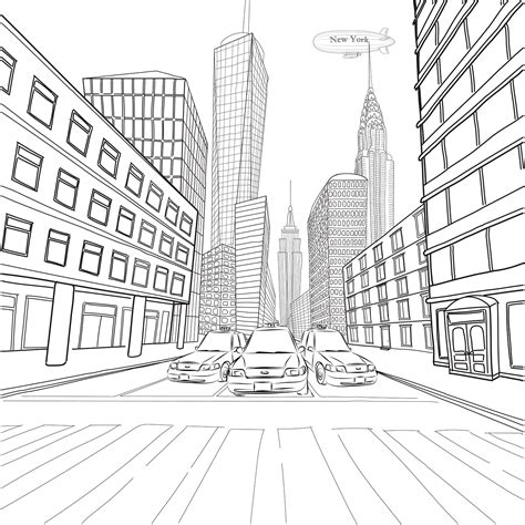 Two Point Perspective City Drawing Sketch Coloring Page
