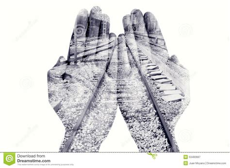 Double Exposure Of Man Hands And Railway In Black And