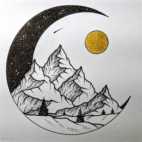 Half Moon Landscape Moon Art Print Circle Drawing Moon Drawing
