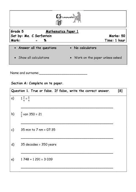 Mathematics Grade 5 Term 2 Paper 1 Memo Included • Teacha