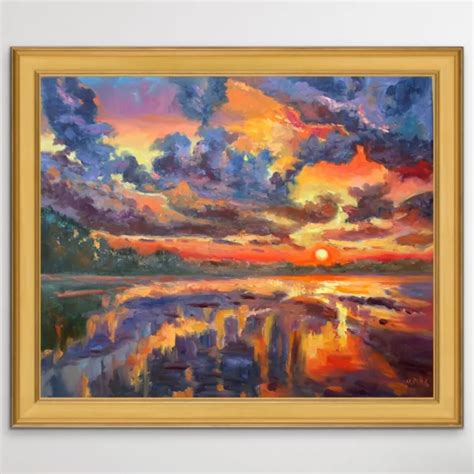 Original Oil Landscape Painting Sunset Clouds Large Seascape