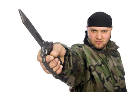 Young Man In Soldier Uniform Holding Knife Stock Photo Image Of