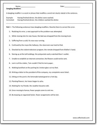 Misplaced and dangling modifiers 5 dangling modifier worksheet directions draw a line under the dangling modifier in each of the following sentences 1 driving in heavy l a traffic my head started to pound 2 fishing for bass our boat flipped over 3 crossing the border my car was. Dangling Modifiers Worksheet