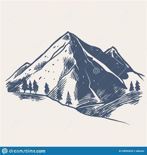 Hand Drawn Of Mountain With Pine Trees And Black Landscape On White