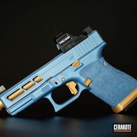 Custom Glock 19 Handgun Cerakoted With H 122 Gold And H 326 Polar Blue